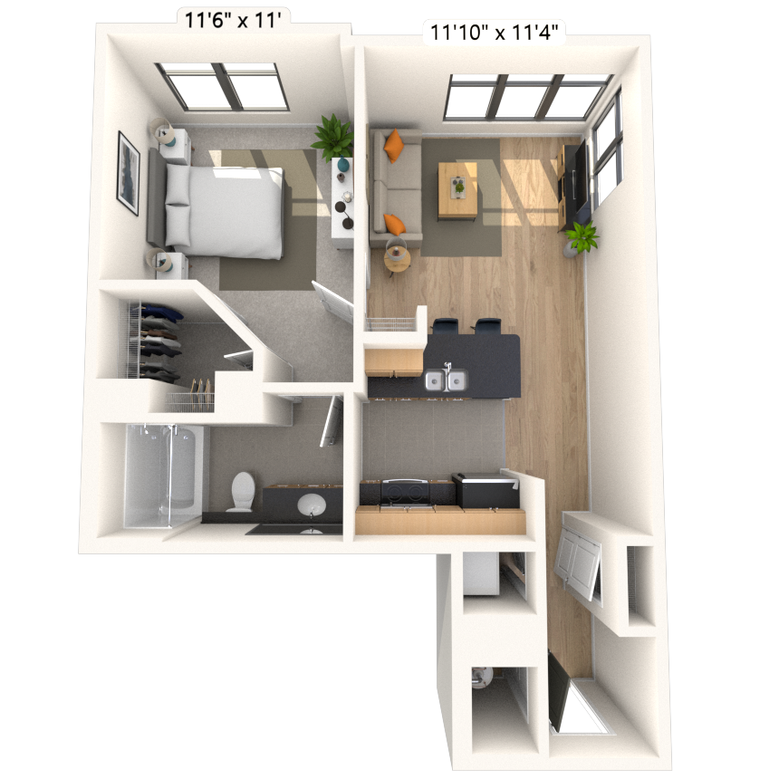 Floor plan for 1 bed, 1 bath, 689 sqft